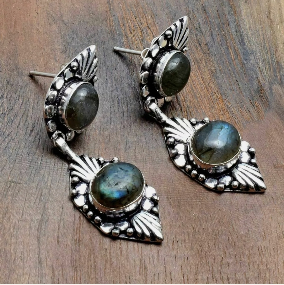 New Labradorite 925 Silver Dangle Statement Earrings.